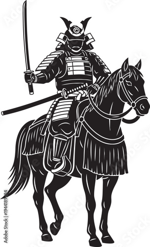 Dynamic illustration of an ancient Asian warrior on horseback, wielding a sharp blade, depicting strength, discipline, and historical combat prowess