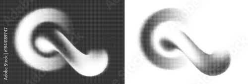 Modern halftone letter Q with abstract fluid ribbon form, featuring swirling halftone dot elements, black and white vector design.