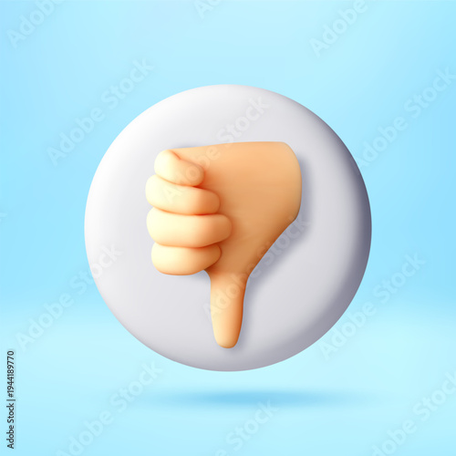 Thumb down gesture icon in 3d style. Dislike sign on circular badge. Social media feedback, negative assessment and feedback symbol. Modern digital user interface design element. Vector illustration
