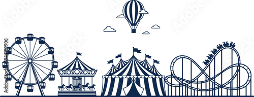 Amusement Park Icons Including Ferris Wheel Carousel Circus Tent and Roller Coaster vector illustration