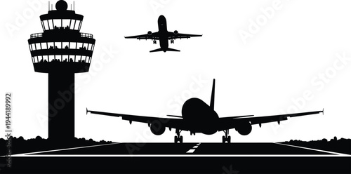 Airport Control Tower and Airplanes Silhouette on White Background untitled vector