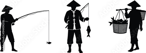Traditional Asian Fishermen Silhouettes Set with Fishing Rod, Fresh Catch and Market Baskets, Cultural Coastal Occupations Collection, Rural Livelihood Illustration, Isolated Vector