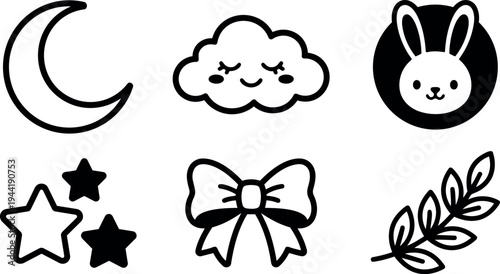 Minimalist black and white vector icons including crescent moon smiling cloud cute rabbit head decorative stars bow and leafy branch design set