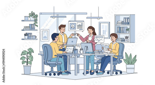 Four people working at office desk.