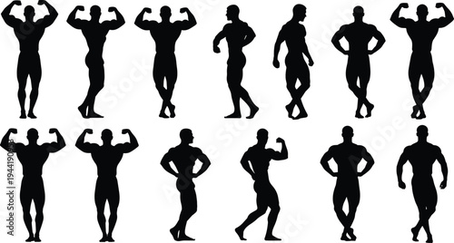 "Silhouette muscular male figures in bodybuilding poses showcasing strength, fitness, and anatomy flexing stances for competition, training, gym, and health illustration concepts"