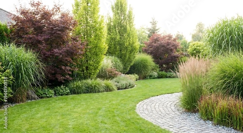 Vibrant professional backyard landscape garden design with curved cobblestone path, ornamental grasses, and colorful decorative trees in bright summer daylight, modern gardening and home improvement.