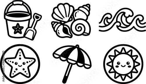 Black and white lineart beach icons including bucket shovel seashells waves smiling star umbrella and sun illustrations