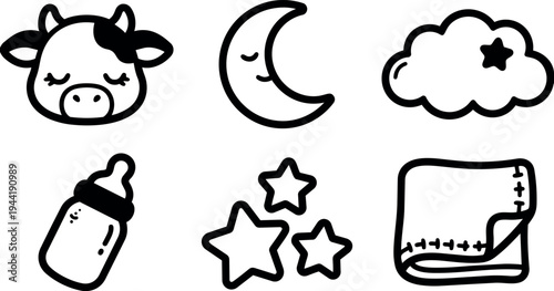 Simple black and white line art icons set featuring cow head sleeping crescent moon cloud stars and baby bottle with blanket illustration