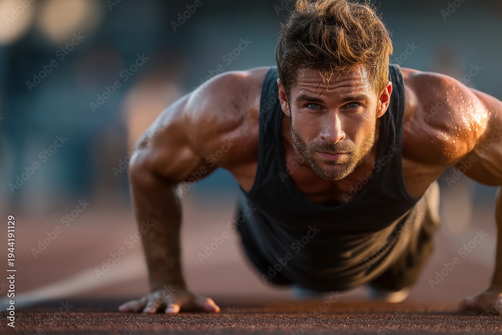 Fototapeta premium Fit man doing push-ups on outdoor track