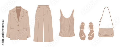 Women's elegant clothing collection with stylish accessories in neutral tones, perfect for a modern and sophisticated minimalist wardrobe.