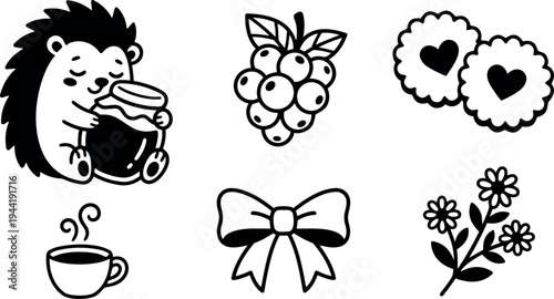 Cute hedgehog holding jar of honey with bunch of berries heart shaped cookies steam cup bow and flower doodle black and white vector icons