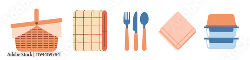 Picnic accessories set including basket, blanket, and cutlery, along with napkins and food containers, ready for an enjoyable outdoor meal.