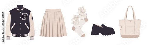 Collection of preppy fashion items including a varsity jacket, pleated skirt, socks, chunky loafers, and a canvas tote bag, representing a trendy academic style.