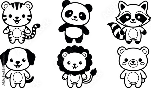 Cute kawaii style cartoon tiger panda raccoon dog lion and bear standing smiling adorable animals set
