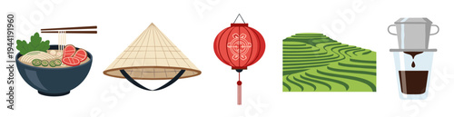 Vietnamese cultural elements collection features traditional symbols and icons like pho, conical hat, lantern, rice terraces, and coffee.