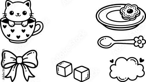 Cute kitten sitting inside heart pattern teacup near bow cookie on plate flower spoon sugar cubes and cloud line art vector set