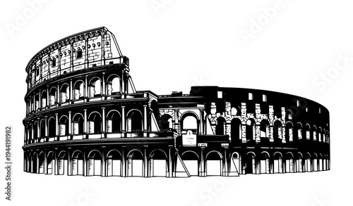 Colosseum Rome Italy Ancient Roman Amphitheater Black Silhouette Vector Landmark Isolated on White Background