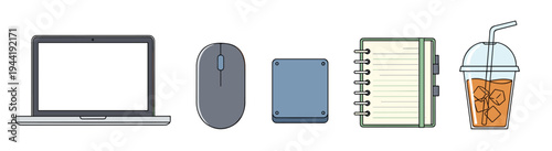 Modern work desk essentials collection featuring a laptop, mouse, and notebook along with an external hard drive and a refreshing iced drink, representing productivity and daily routine.