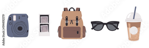 Travel essentials collection featuring an instant camera, backpack, stylish sunglasses, and a refreshing iced coffee cup, ready for any adventure.