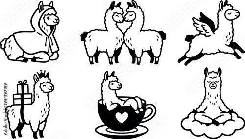 Cute llama collection with hooded sitting llama two kissing llamas winged llama carrying gifts relaxing llama in cup and meditating llama in cloud black and white vector art