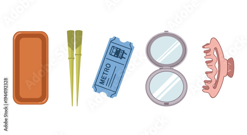 Everyday objects and personal accessories collection featuring a rectangular tray, bamboo chopsticks, metro ticket, compact mirror, and a hair claw clip illustration.