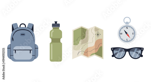 Backpack, water bottle, map, compass, sunglasses are essential items for outdoor adventures, hiking, and travel, depicted in a flat vector style.