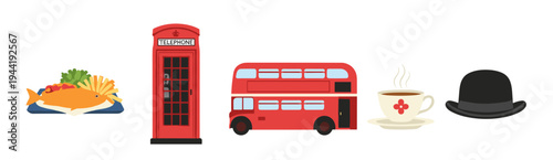 Iconic British symbols set featuring traditional cultural elements like fish and chips, a red telephone booth, and double-decker bus.