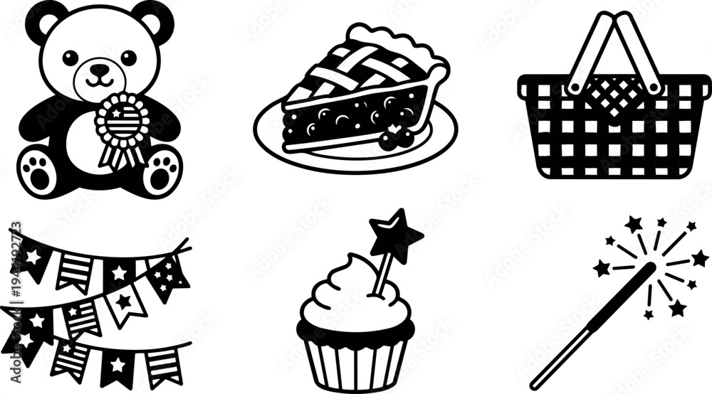Obraz premium Black and white patriotic teddy bear cupcake pie basket stripes stars garland and magic wand icons collection