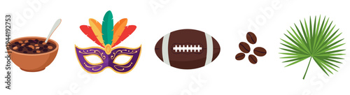 Diverse collection of cultural and leisure items including a bowl of beans, a carnival mask, an American football, coffee beans, and a palm leaf, representing various aspects of life and celebration.