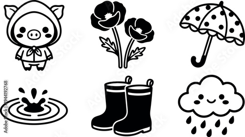 Cute piglet wearing hooded raincoat with flowers umbrella rain boots and smiling cloud vector icons in black silhouette style