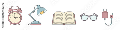 Collection of everyday objects including an alarm clock, desk lamp, open book, eyeglasses, and phone charger, presented in a clean, minimalist illustration style.