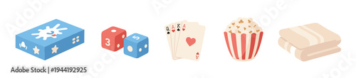 Collection of entertainment and relaxation items, including playing cards, dice, popcorn, and a cozy blanket, are perfectly arranged for a fun evening.