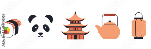 Collection of traditional Asian cultural symbols and elements, including food, animals, and architecture, are presented in a modern flat design style.