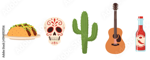Mexican cultural celebration elements are beautifully displayed, featuring delicious tacos, a decorative sugar skull, a tall green cactus, an acoustic guitar, and a spicy hot sauce bottle.