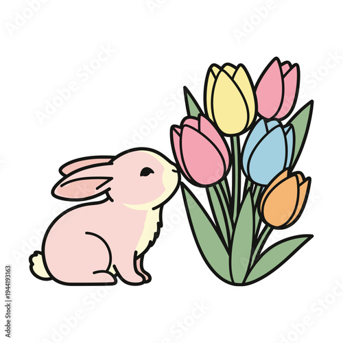 Pink bunny sniffing colorful tulips in a whimsical garden setting  