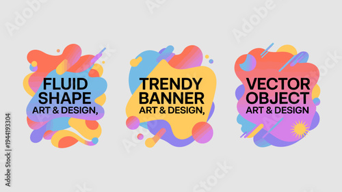 A set of three colorful abstract fluid shape banners featuring overlapping gradients and dynamic text overlays high quality professional detailed modern elegant stylish clean crisp vibrant