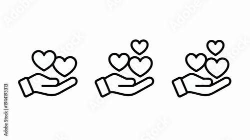 A series of three open hands are depicted each holding or receiving multiple heart shapes in a simple line art style high quality professional detailed modern