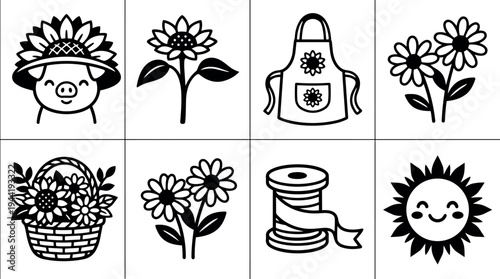 Cute smiling pig wearing sunflower hat with basket apron and spool flower designs vector icons set