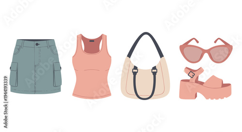 Stylish women's fashion items including a cargo mini skirt, racerback tank top, hobo bag, sunglasses, and platform sandals, representing a trendy summer outfit.