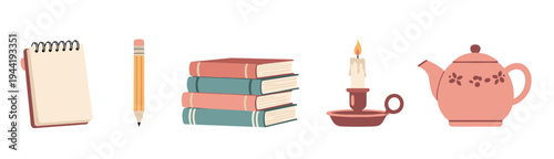 Cozy study and reading objects arranged horizontally, including a notebook, pencil, stacked books, a lit candle, and a decorative teapot.