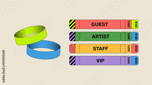 A collection of colorful wristbands are displayed with labels indicating different access levels guest artist staff and vip high quality professional detailed modern elegant stylish clean