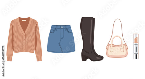 Fashion clothing accessories collection for stylish everyday outfits, featuring a cozy cardigan, denim skirt, knee-high boots, elegant handbag, and nude lipstick.