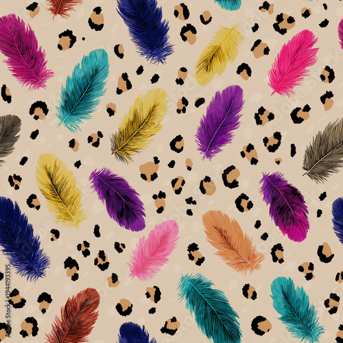 Seamless feather and leopard pattern with vibrant pink, blue, purple, yellow, and teal plumes scattered across a soft neutral background, playful wild fashion inspired surface design