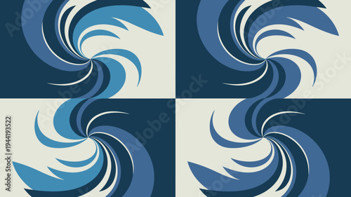 An abstract pattern features swirling ribbon like shapes in varying shades of blue repeated across a four panel grid with white and navy backgrounds high quality