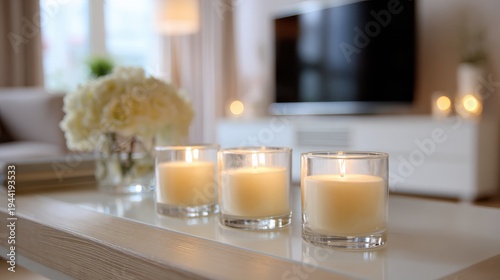 Elegant Living Room Decor with Softly Glowing Candles on a Coffee Table Surrounded by Beautiful Floral Arrangements and Modern Interior Design Elements