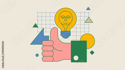 A brightly colored illustration depicts a lightbulb with a face a thumbs up hand and various geometric shapes high quality professional detailed modern elegant stylish clean