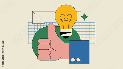 A brightly colored illustration depicts a hand giving a thumbs up near a glowing lightbulb and geometric shapes high quality professional detailed modern elegant stylish clean