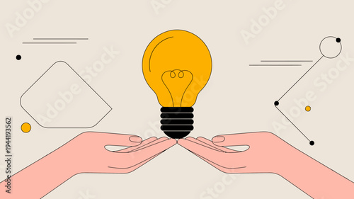 A pair of hands gently cradle a glowing yellow lightbulb symbolizing innovation creativity and the delicate nurturing of new ideas high quality professional detailed modern elegant