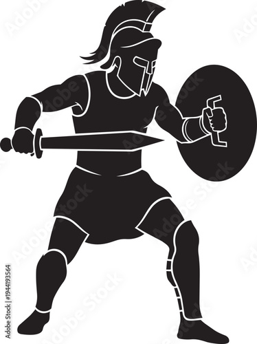 Dynamic monochrome illustration of an ancient warrior, poised for battle with a mighty sword and protective shield, symbolizing valor and historical strength