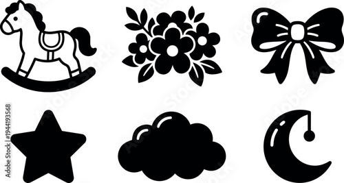 Simple black and white vector icons rocking horse flower bouquet bow star cloud moon hanging decoration